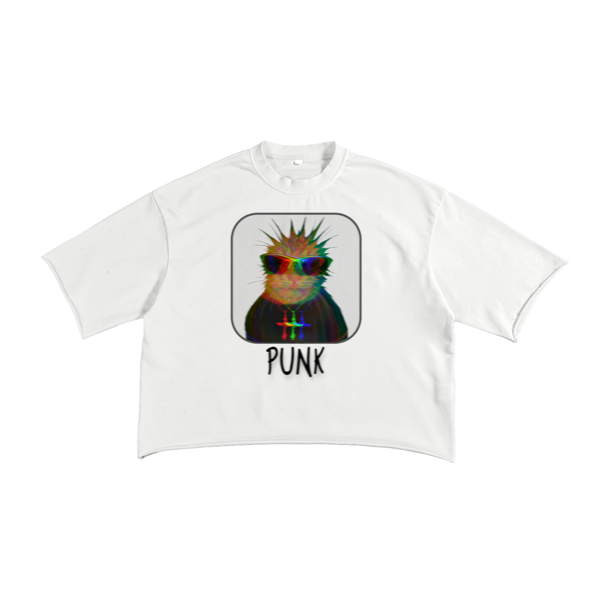 Glitch Punk Cat French Terry Raw Edge T-Shirt